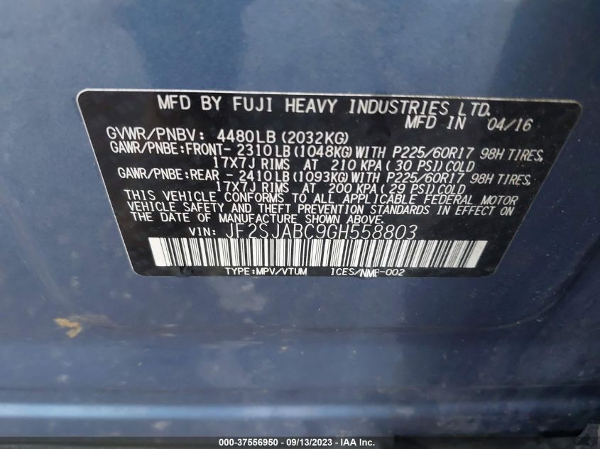 2016 SUBARU FORESTER 2.5I - JF2SJABC9GH558803