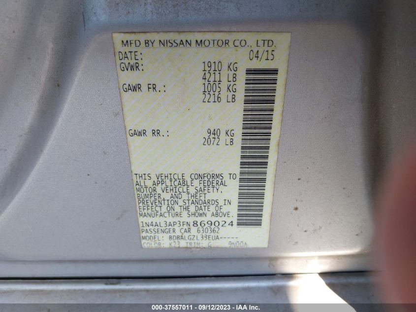 2015 NISSAN ALTIMA 2.5/S/SV/SL - 1N4AL3AP3FN869024