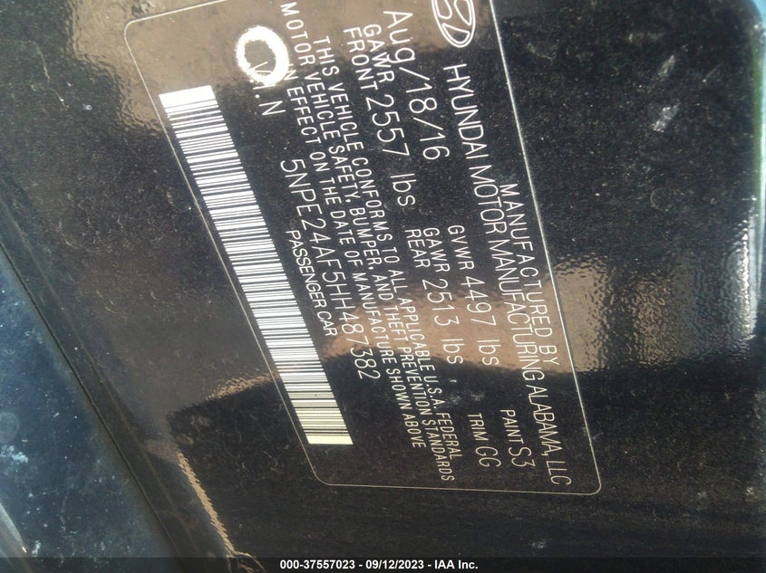 VIN 5NPE24AF5HH487382 2017 HYUNDAI SONATA SE