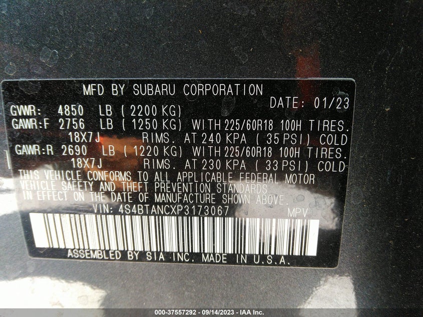 VIN 4S4BTANCXP3173067 2023 SUBARU OUTBACK LIMITED