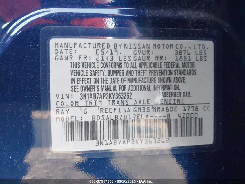 2019 NISSAN SENTRA S/SV/SR/SL - 3N1AB7AP3KY363262