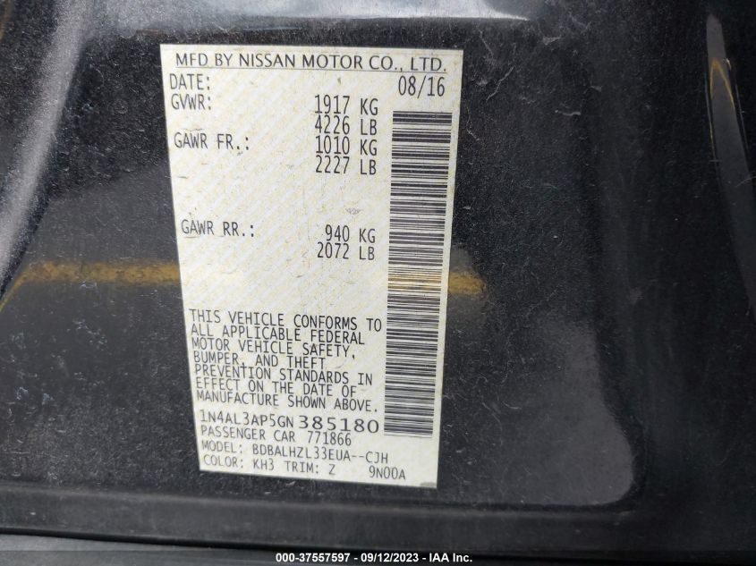 2016 NISSAN ALTIMA 2.5/S/SV/SL/SR - 1N4AL3AP5GN385180