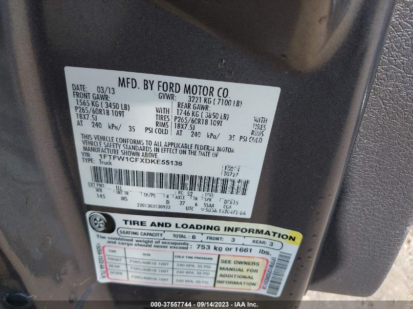 2013 FORD F-150 XL/XLT/FX2/LARIAT - 1FTFW1CFXDKE55138
