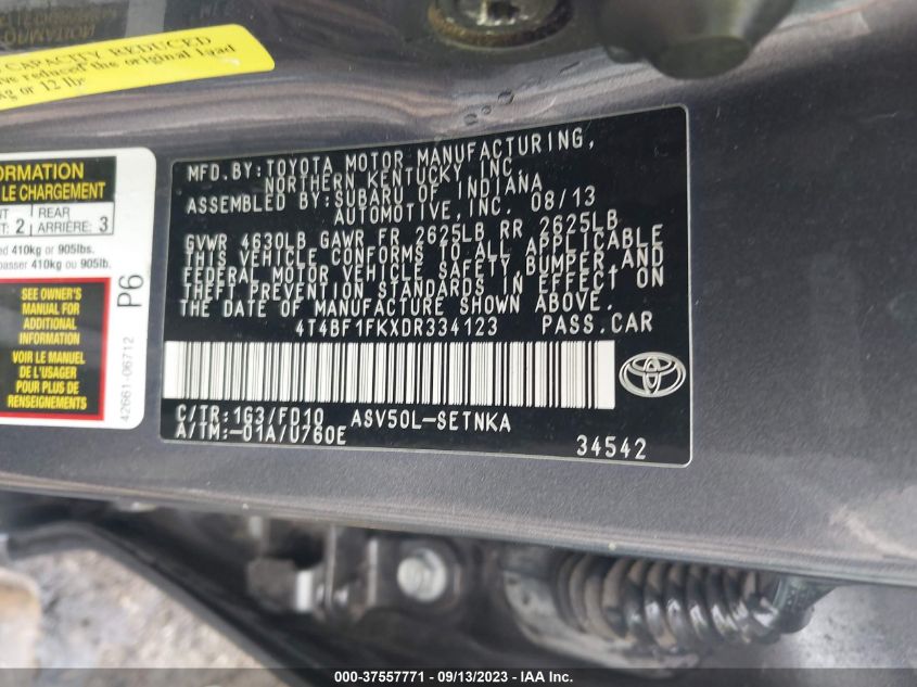 2013 TOYOTA CAMRY L/LE/SE/XLE - 4T4BF1FKXDR334123