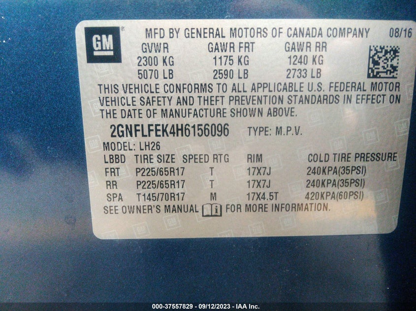 VIN 2GNFLFEK4H6156096 2017 CHEVROLET EQUINOX LT