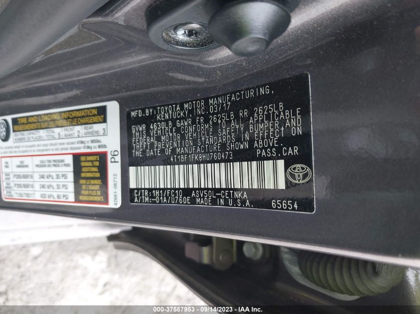 2017 TOYOTA CAMRY XLE/SE/LE/XSE - 4T1BF1FK8HU760473