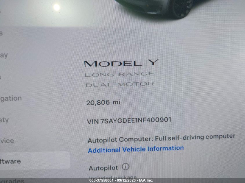 VIN 7SAYGDEE1NF400901 2022 TESLA MODEL Y