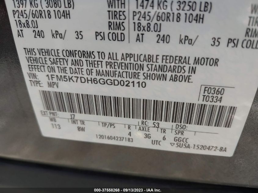 2016 FORD EXPLORER XLT - 1FM5K7DH6GGD02110