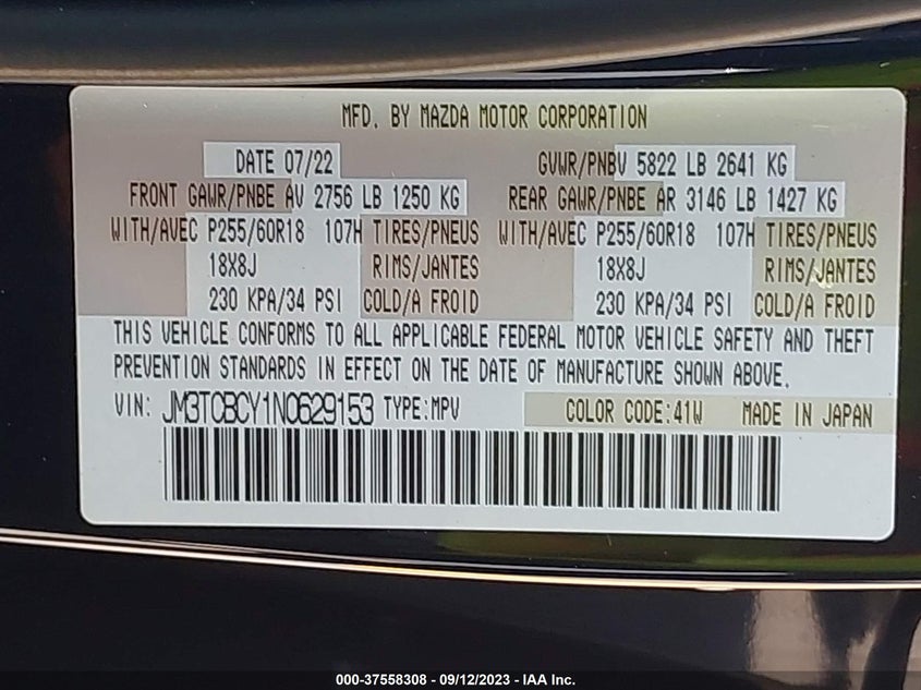 VIN JM3TCBCY1N0629153 2022 MAZDA CX-9 TOURING
