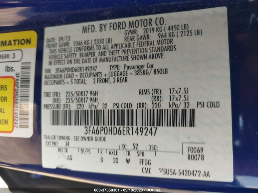 2014 FORD FUSION SE - 3FA6P0HD6ER149247