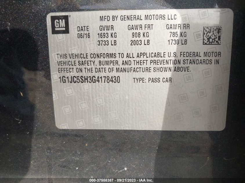 2016 CHEVROLET SONIC LT - 1G1JC5SH3G4178430