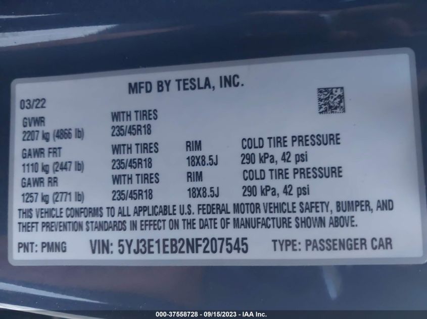 2022 TESLA MODEL 3 LONG RANGE - 5YJ3E1EB2NF207545
