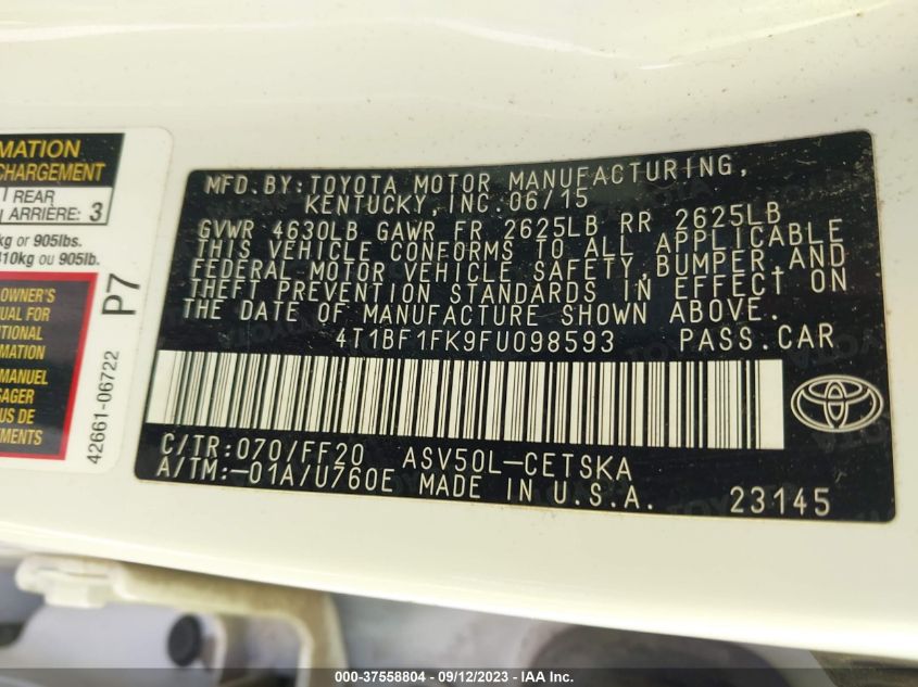 2015 TOYOTA CAMRY XLE/SE/LE/XSE - 4T1BF1FK9FU098593