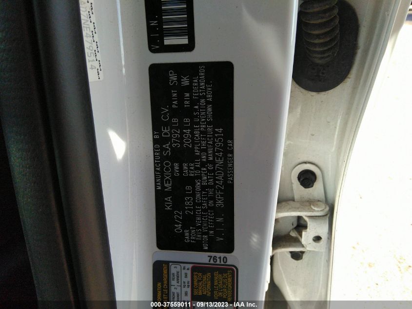 2022 KIA FORTE LXS - 3KPF24AD7NE479514