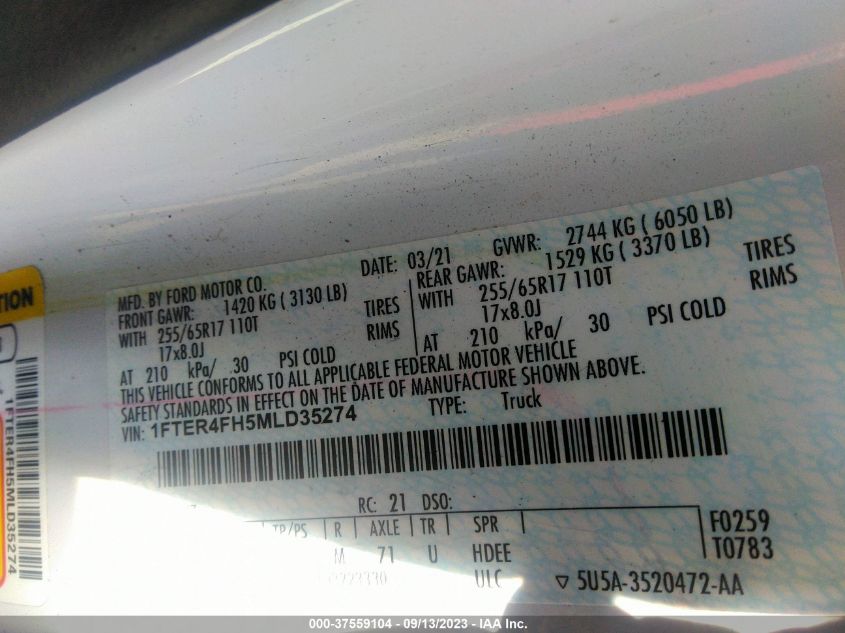 2021 FORD RANGER XL/XLT/LARIAT - 1FTER4FH5MLD35274