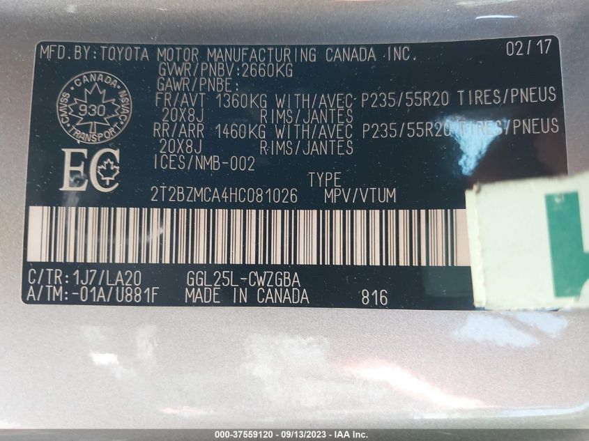 2017 LEXUS RX 350 - 2T2BZMCA4HC081026