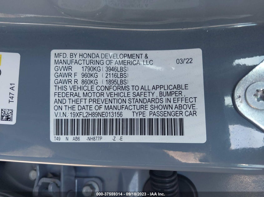 VIN 19XFL2H89NE013156 2022 HONDA CIVIC HATCHBACK SPORT