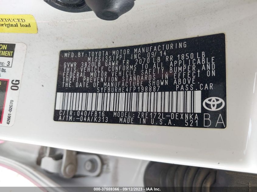 2015 TOYOTA COROLLA L/LE/LE PLS/PRM/S/S PLS - 5YFBURHE4FP198887