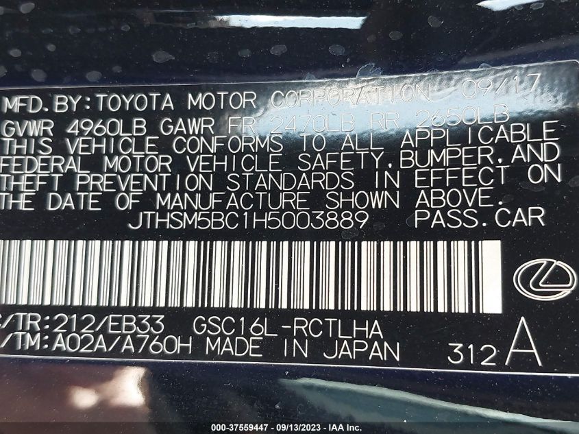 2017 LEXUS RC 300 JTHSM5BC1H5003889