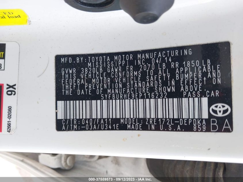 2014 TOYOTA COROLLA L/LE/S/S PLUS/LE PLUS - 5YFBURHE9EP116232