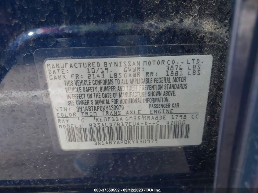 2019 NISSAN SENTRA S/SV/SR/SL - 3N1AB7AP0KY430979