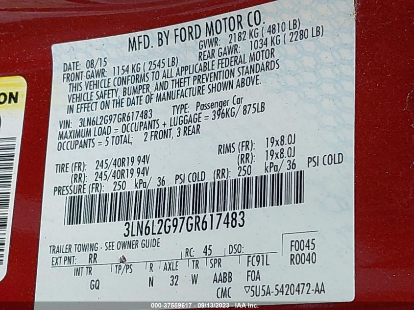 2016 LINCOLN MKZ - 3LN6L2G97GR617483