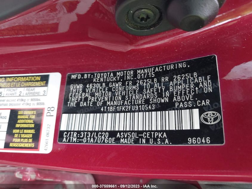 2015 TOYOTA CAMRY XLE/SE/LE/XSE - 4T1BF1FK2FU910543