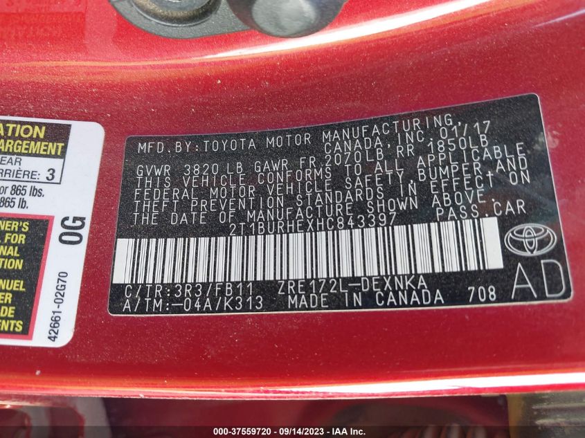 2017 TOYOTA COROLLA LE - 2T1BURHEXHC843397