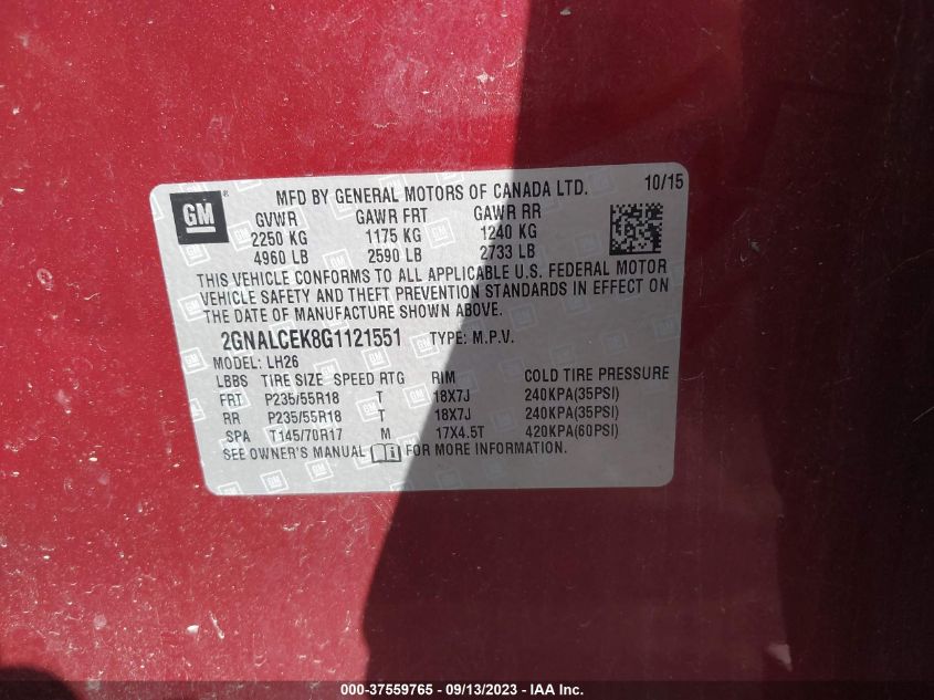 2016 CHEVROLET EQUINOX LT - 2GNALCEK8G1121551