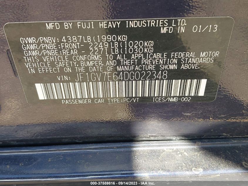 2013 SUBARU IMPREZA WRX JF1GV7E64DG022348
