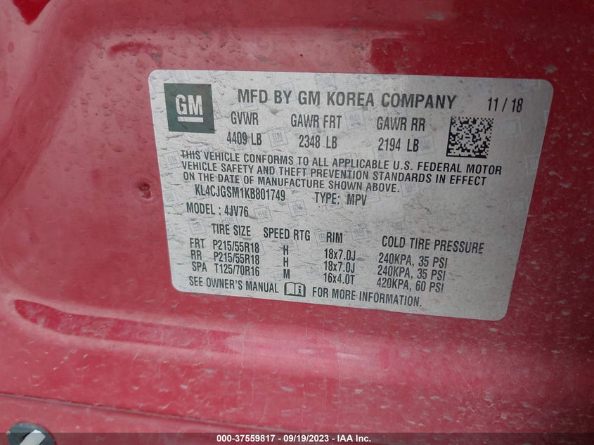 VIN KL4CJGSM1KB801749 2019 BUICK ENCORE ESSENCE