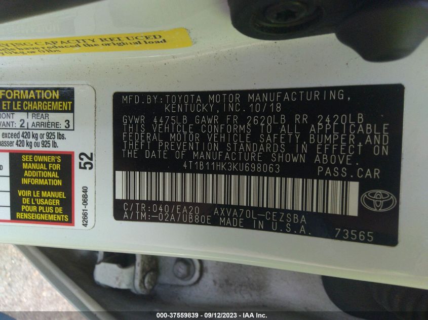 2019 TOYOTA CAMRY L/LE/XLE/SE/XSE - 4T1B11HK3KU698063
