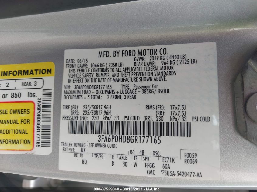 2016 FORD FUSION SE - 3FA6P0HD8GR177165