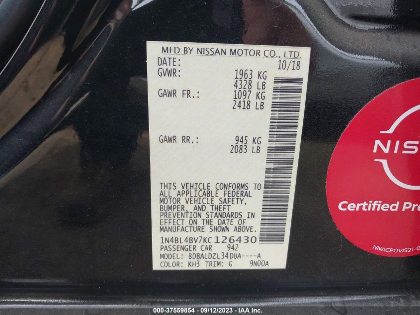 2019 NISSAN ALTIMA 2.5 S - 1N4BL4BV7KC126430