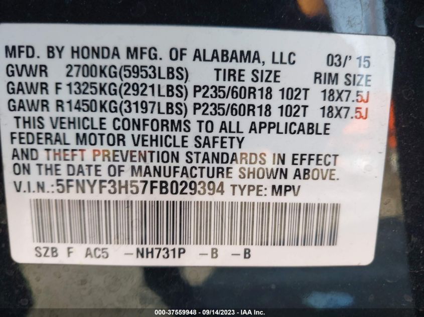 2015 HONDA PILOT EX-L - 5FNYF3H57FB029394