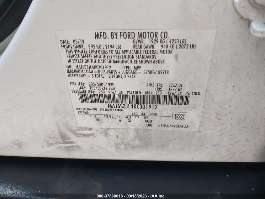 VIN MAJ6S3JL4KC301912 2019 FORD ECOSPORT SES
