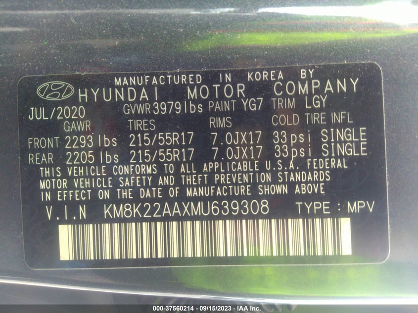 VIN KM8K22AAXMU639308 2021 HYUNDAI KONA SEL