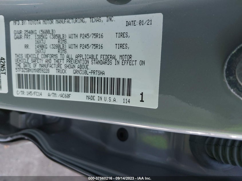 VIN 5TFDZ5BN1MX059228 2021 TOYOTA TACOMA 4WD SR5