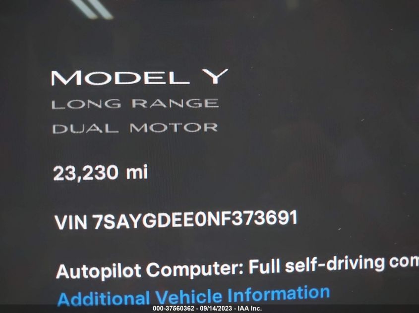 2022 TESLA MODEL Y LONG RANGE - 7SAYGDEE0NF373691