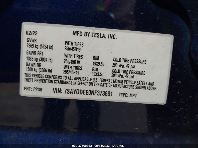 2022 TESLA MODEL Y LONG RANGE - 7SAYGDEE0NF373691