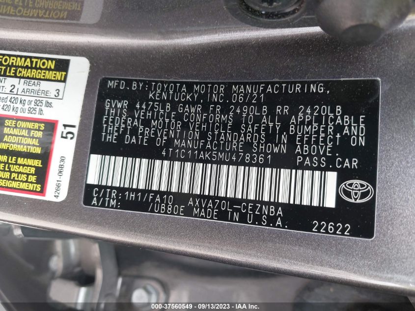 2021 TOYOTA CAMRY LE - 4T1C11AK5MU478361