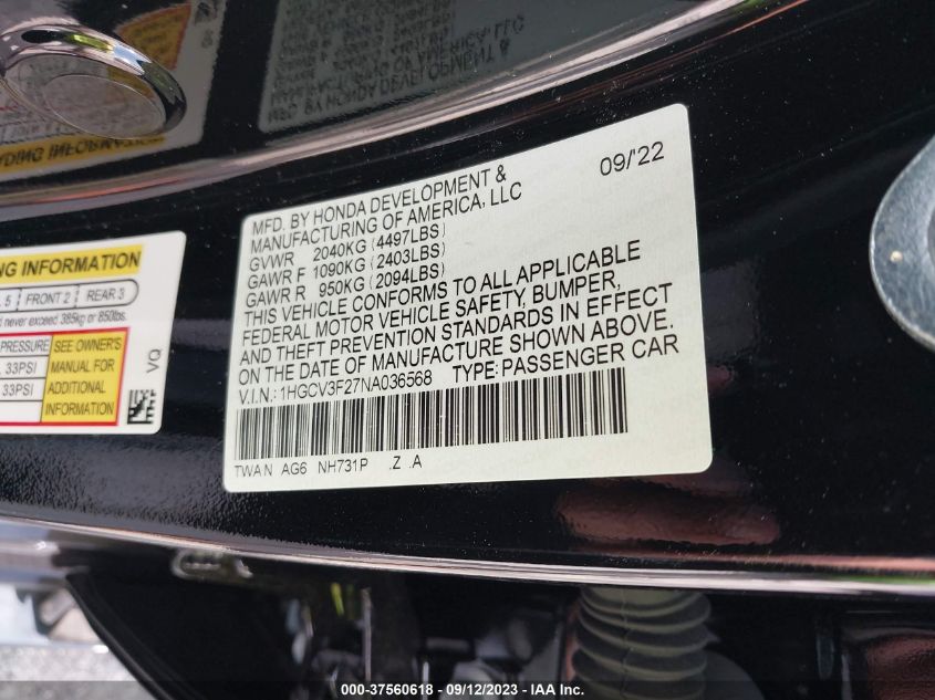 1HGCV3F27NA036568 Honda Accord Hybrid SPORT 9