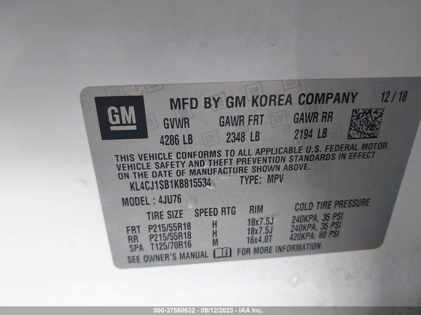 VIN KL4CJ1SB1KB815534 2019 BUICK ENCORE SPORT TOURING