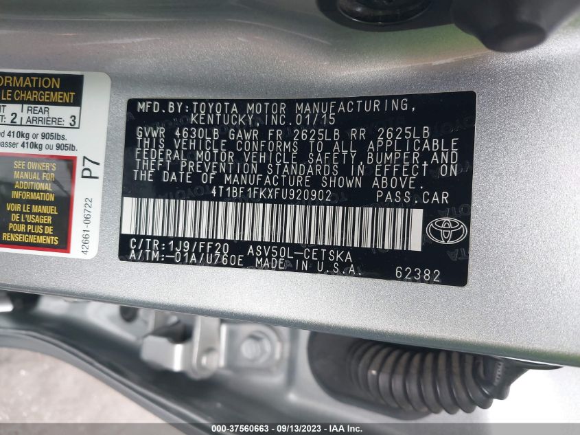 2015 TOYOTA CAMRY XLE/SE/LE/XSE - 4T1BF1FKXFU920902