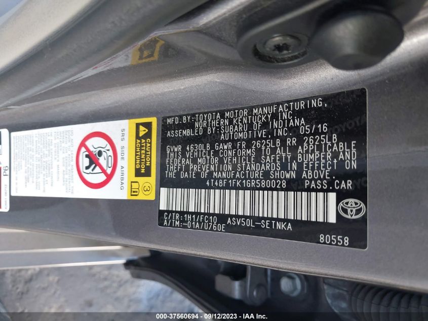 2016 TOYOTA CAMRY XLE/SE/LE/XSE - 4T4BF1FK1GR580028