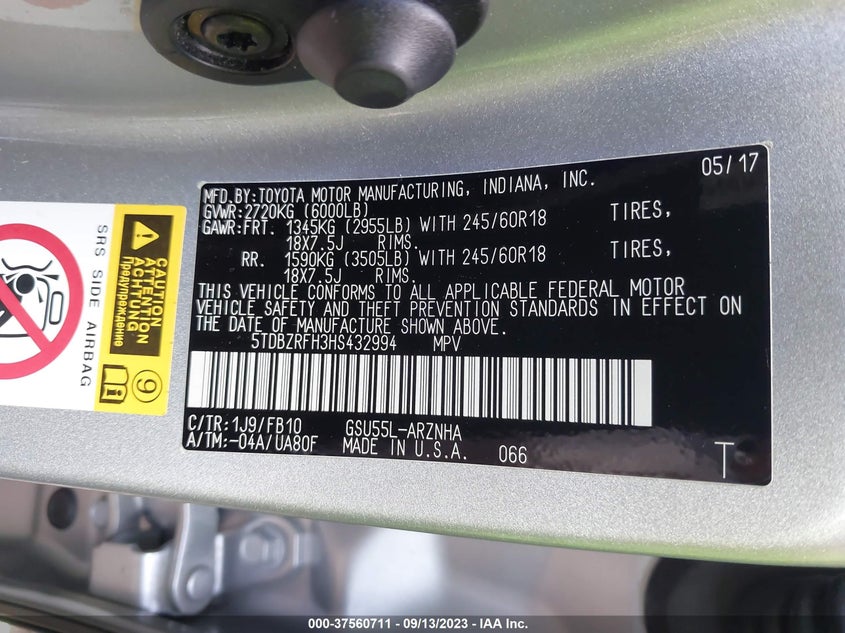 VIN 5TDBZRFH3HS432994 2017 TOYOTA HIGHLANDER LE