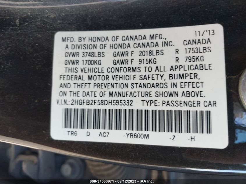 2013 HONDA CIVIC SDN LX - 2HGFB2F58DH595332