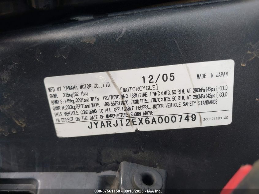 2006 YAMAHA YZFR6 L - JYARJ12EX6A000749