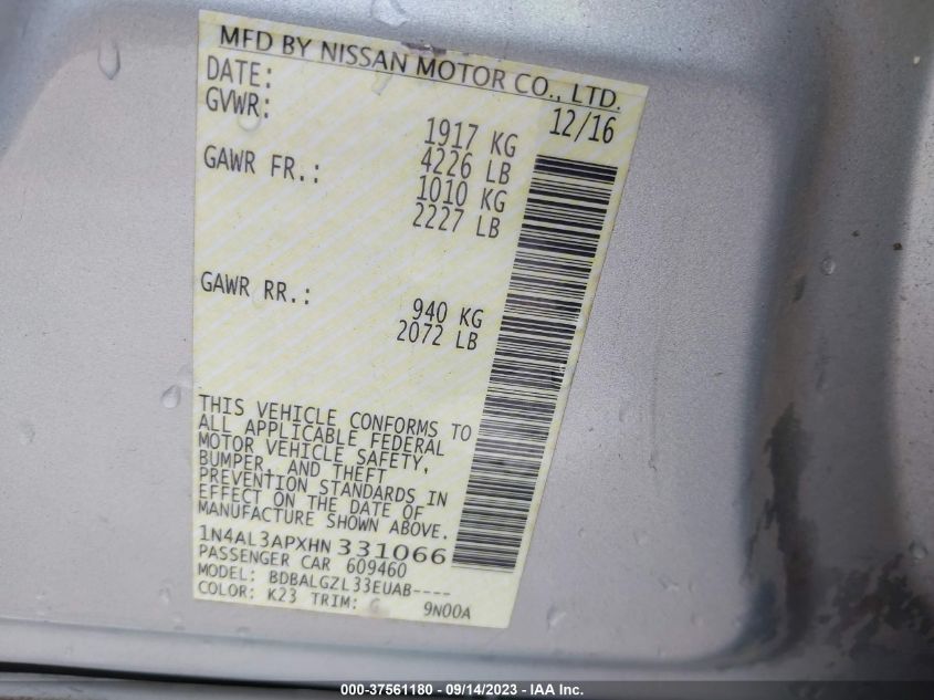 2017 NISSAN ALTIMA 2.5 S - 1N4AL3APXHN331066