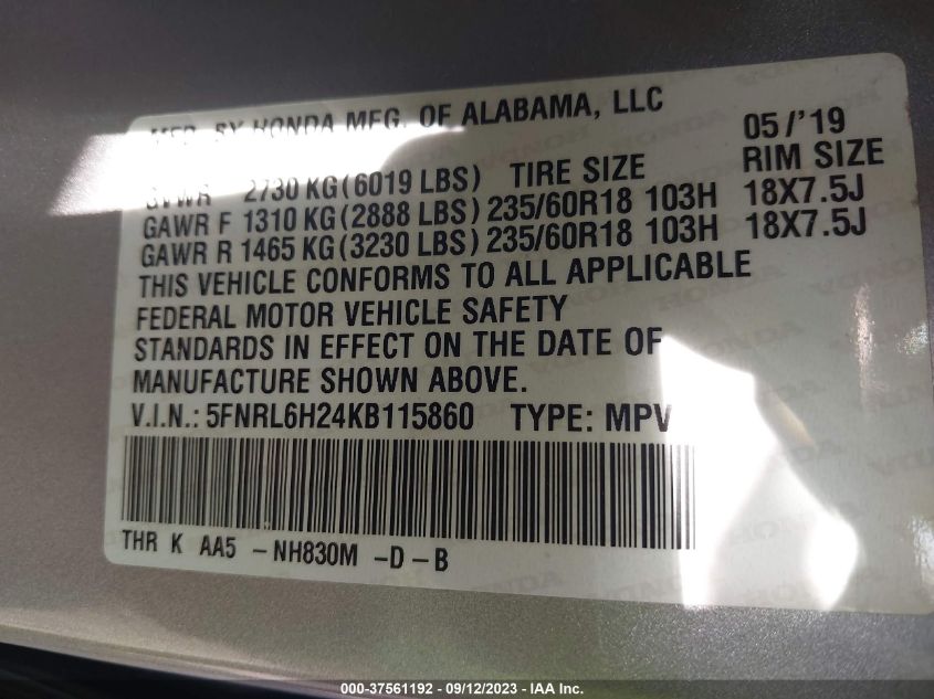 2019 HONDA ODYSSEY LX - 5FNRL6H24KB115860